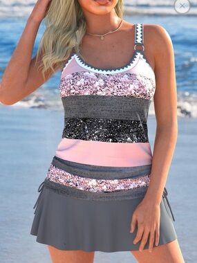 Multi Stripe Tankini Swimsuit Set Women’s Large Gray Pink Sequin Swim Skirt NWOT